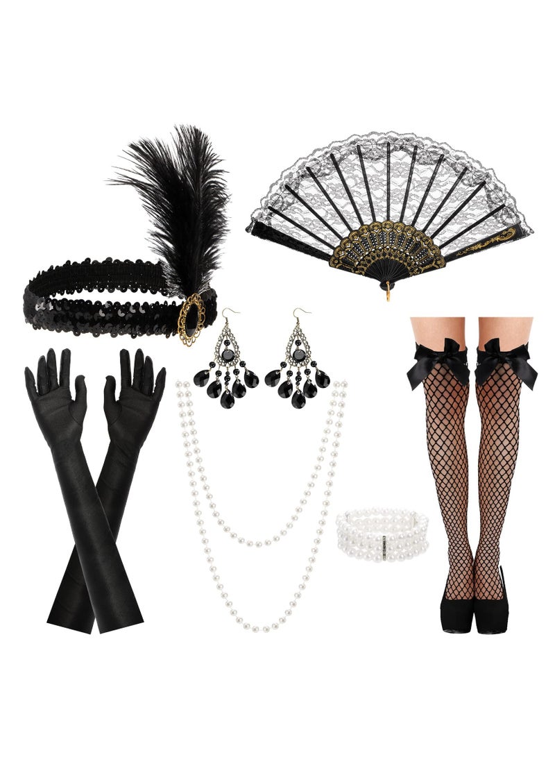 Excefore Party Dress Up Set, 1920s Flapper Accessories Set for Women, Fancy Dress Party Accessories with Flapper Headband Long Gloves Pearl Necklace, Great Gatsby Theme Party Accessories (A7) - Image 1