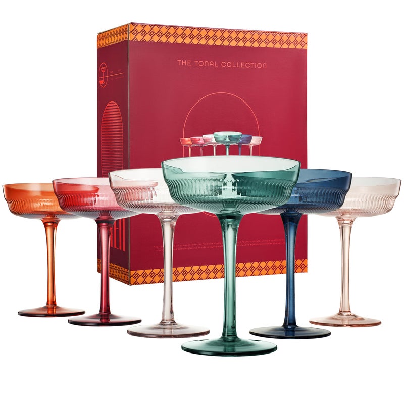 Khen Colored Vintage Art Deco Coupe Glasses - Martini, Cocktail & Champagne Glasses | Set of 6 | Pastel Muted Crystal Cocktail Glassware, Goblet Cocktails, Stemmed Ribbed Gift - Midway Ripple Set - Image 2