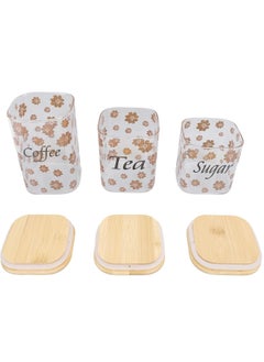 Spaceshoop Glass Kitchen Canister Set with Bamboo Lids, 3-Piece Coffee Tea Sugar Storage Containers, Floral Pattern (Square)  - Image 2