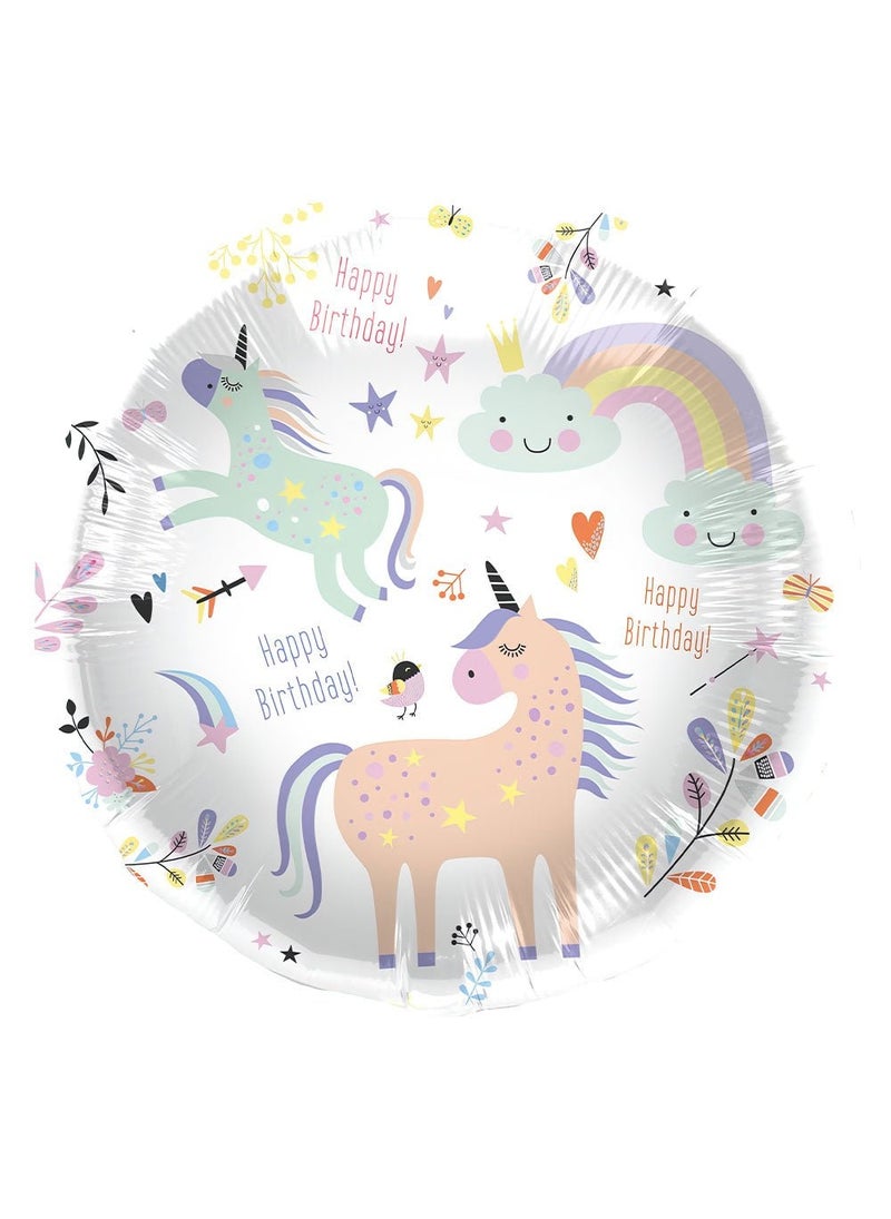 Folat Happy Birthday Unicorn Foil Balloon Pastel Round 45cm - Image 1