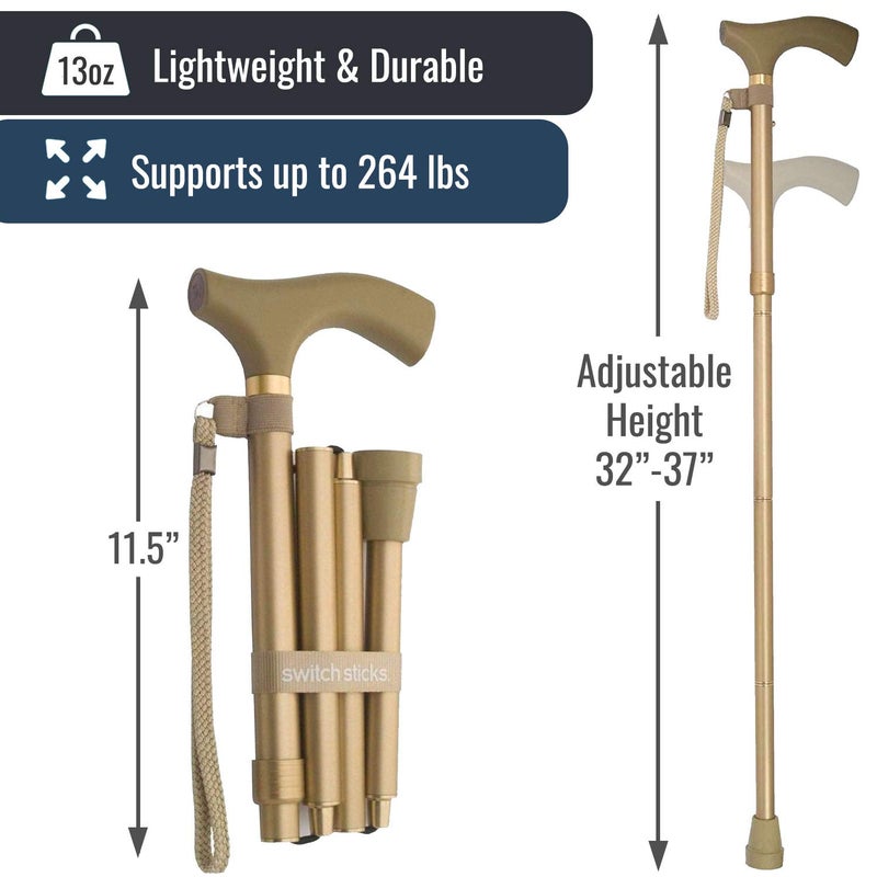 Switch Sticks Aluminum Adjustable Folding Cane and Walking Stick collapses and adjusts from 32 to 37 inches, Gold - Image 4