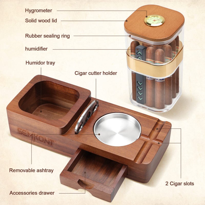 SEMKONT Cigar Humidor and Cigar Ashtray Set,Wooden Ashtray with Cigar Jar Tray, Cigar Cutter Holder,Drawer,Cigar Slot and Cigar Cutter,Home Cigar Accessories Gift Sets for Men (Brown-Square) - Image 2