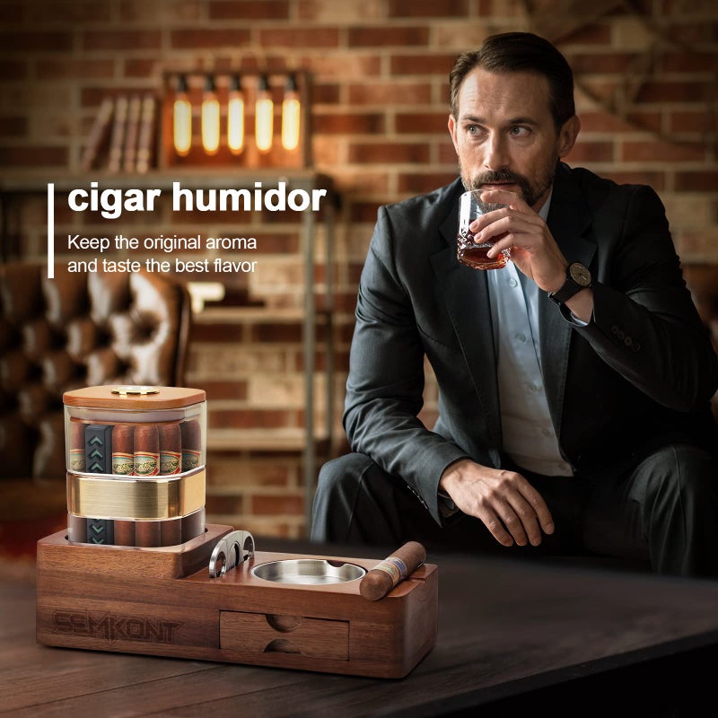 SEMKONT Cigar Humidor and Cigar Ashtray Set,Wooden Ashtray with Cigar Jar Tray, Cigar Cutter Holder,Drawer,Cigar Slot and Cigar Cutter,Home Cigar Accessories Gift Sets for Men (Brown-Square) - Image 4