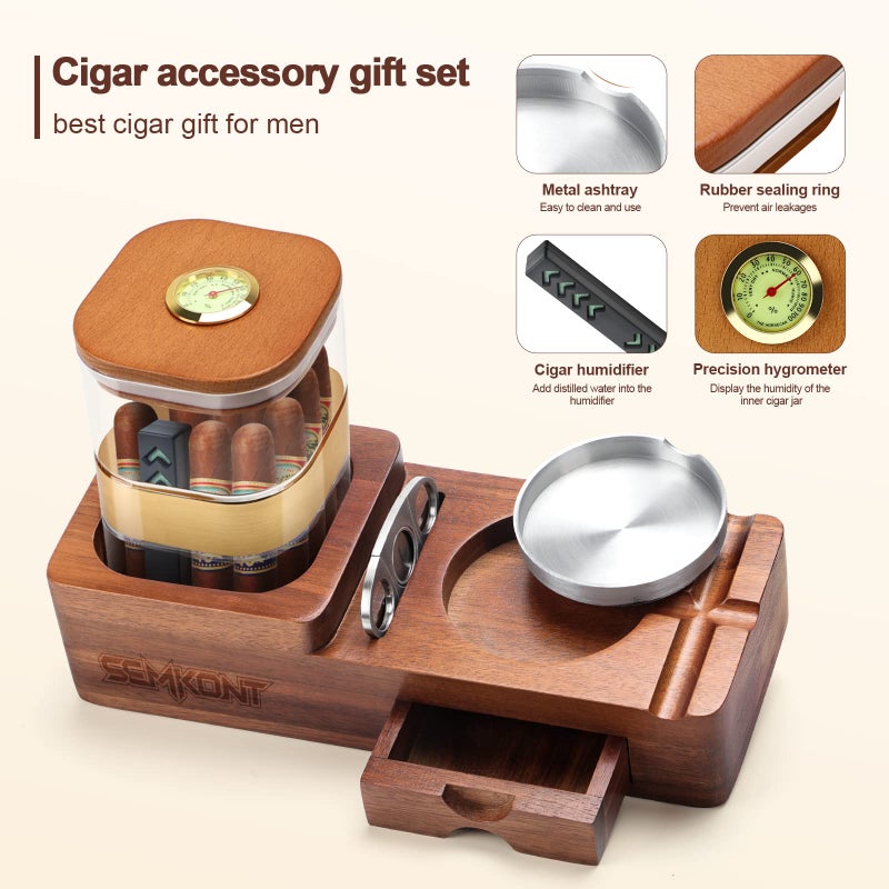 SEMKONT Cigar Humidor and Cigar Ashtray Set,Wooden Ashtray with Cigar Jar Tray, Cigar Cutter Holder,Drawer,Cigar Slot and Cigar Cutter,Home Cigar Accessories Gift Sets for Men (Brown-Square) - Image 3