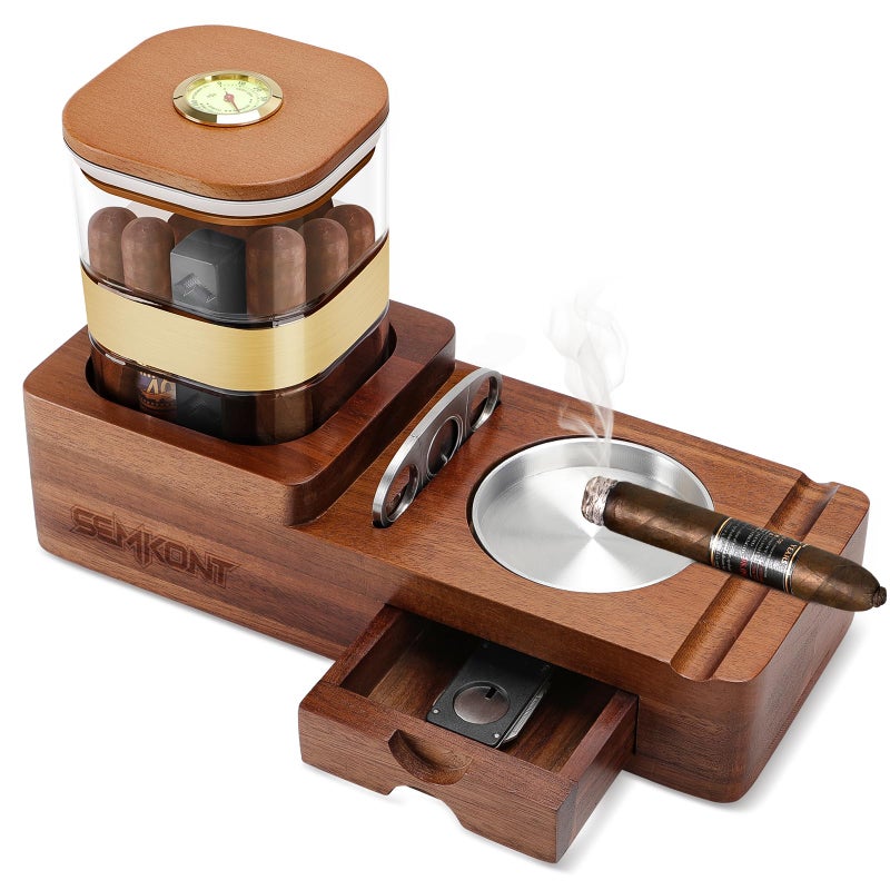 SEMKONT Cigar Humidor and Cigar Ashtray Set,Wooden Ashtray with Cigar Jar Tray, Cigar Cutter Holder,Drawer,Cigar Slot and Cigar Cutter,Home Cigar Accessories Gift Sets for Men (Brown-Square) - Image 1