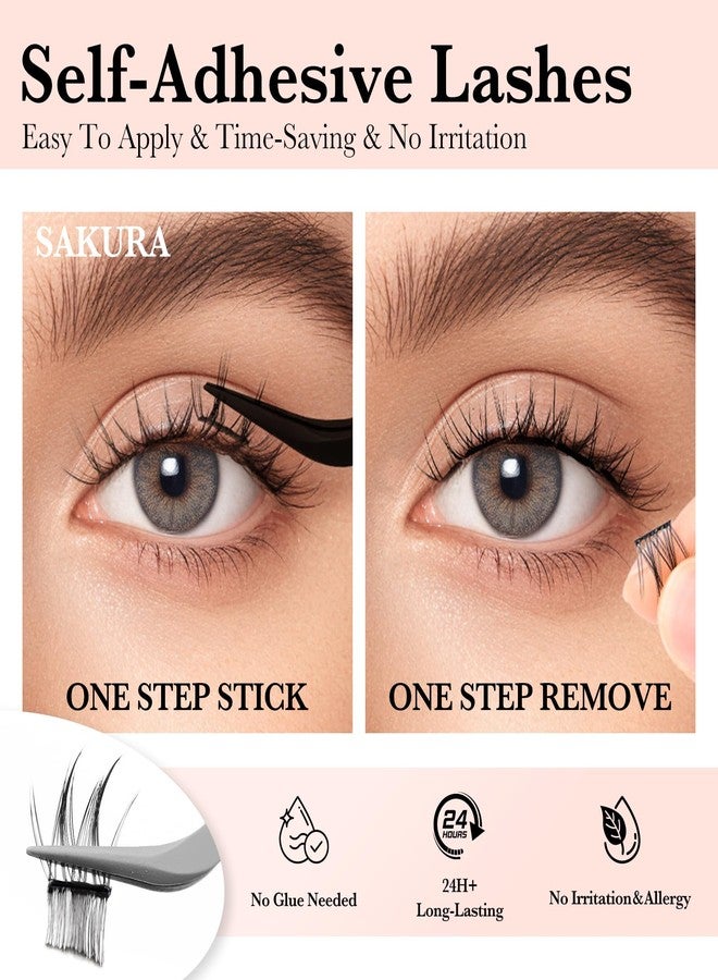 SIMER Self Adhesive Eyelashes Natural Wispy Clusters Press on Lash No Glue Needed Eyelash 12-14mm C Curl With Lash Tweezers Easy Apply on Lashes for Beginners (Sakura Style) - Image 2