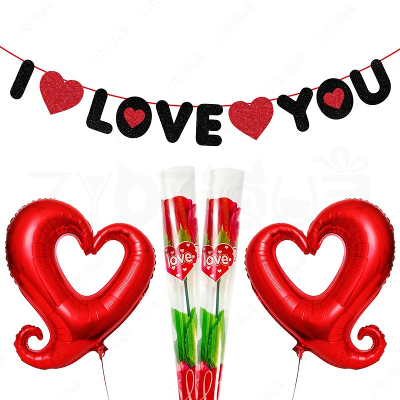 Zyozique Zyozique® Valentines Day Decorations Combo | Valentines Day Decorations Paper Banner, Red Hook Heart Foil Balloons & Artificial Rose | Valentines Day Party Decorations (Pack Of 5)  - Image 1