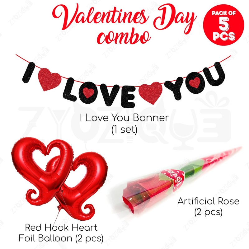 Zyozique Zyozique® Valentines Day Decorations Combo | Valentines Day Decorations Paper Banner, Red Hook Heart Foil Balloons & Artificial Rose | Valentines Day Party Decorations (Pack Of 5)  - Image 2
