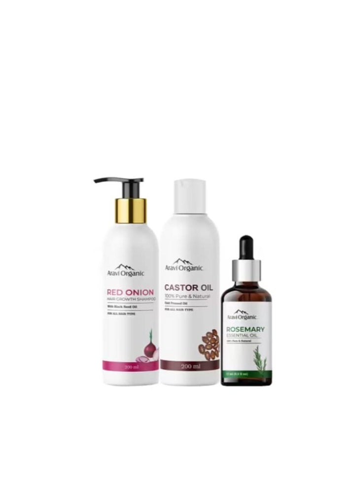 Aravi Organic Aravi Organic Cold Pressed Castor Carrier Oil 200ml Onion Hair Shampoo 200ml Rosemary Essential Oil 15ml Pack of 3  - Image 1