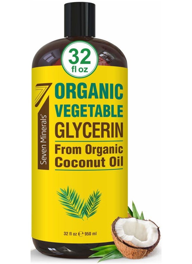 Seven Minerals , Organic Vegetable Glycerin - Big 32 fl oz Bottle - No Palm Oil, Made with Organic Coconut Oil - Therapeutical Grade Glycerine for DIYs - Hair, Nails & Skin Moisturizer - Non-Gmo  - Image 1