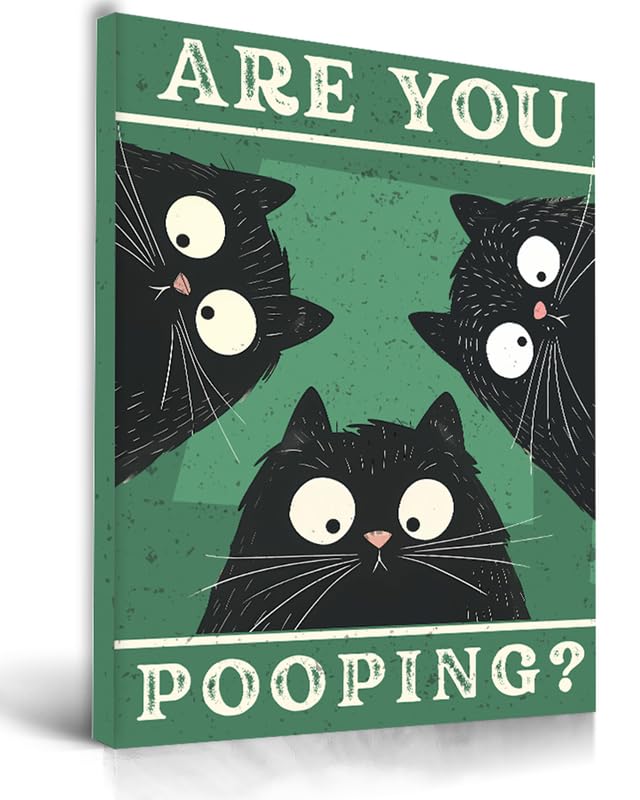 UPWOIGH Funny Are You Pooping Black Cat Bathroom Wall Art 3 Cats Humor Quote Poster Green Background Bathroom Decor Wood Framed Canvas 12x16 Inch - Image 1