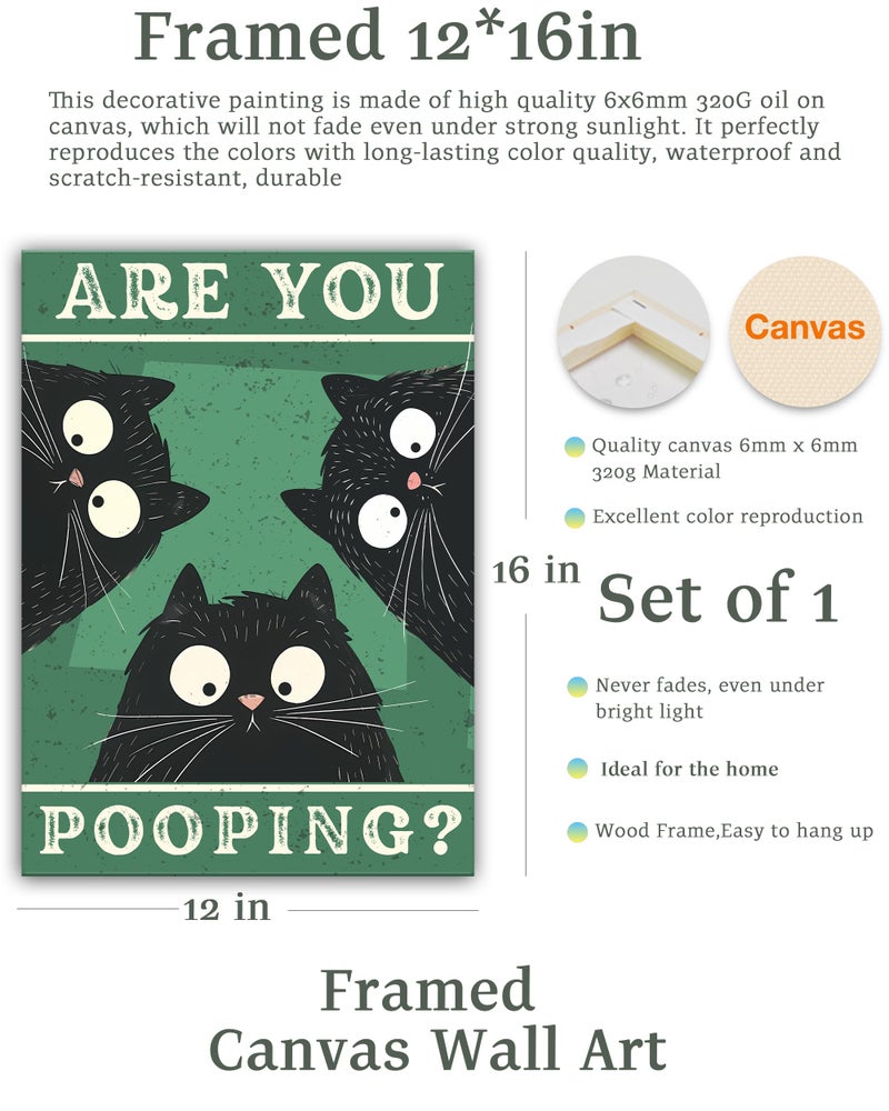 UPWOIGH Funny Are You Pooping Black Cat Bathroom Wall Art 3 Cats Humor Quote Poster Green Background Bathroom Decor Wood Framed Canvas 12x16 Inch - Image 3