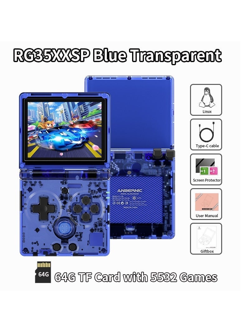 Flip Handheld Game Console, 3.5-inch IPS Screen, Linux H700 Video Game Player, Support Streaming WIFI Bluetooth (Transparent Blue, 64G) - Image 1