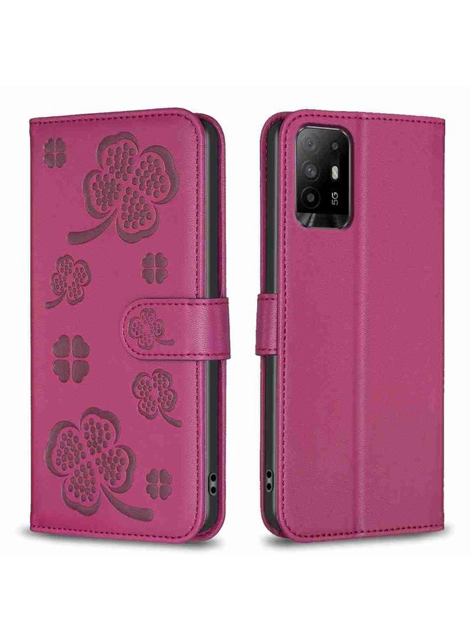 اس-توب جراب لهاتف OPPO A94 5G / Reno5 Z / F19 Pro+ جراب هاتف من الجلد المنقوش بأربع أوراق - Image 1