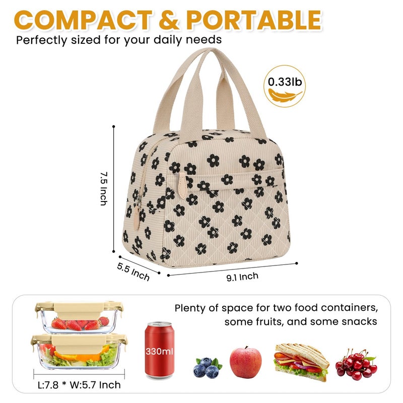 ELONGRIVER Insulated Lunch Bag for Women, Portable Lightweight Lunch Box for Adults, Reusable Small Lunch Tote Cooler Bags with Front Zipper Pocket for Work School Picnic(Corduroy Floral) - Image 2
