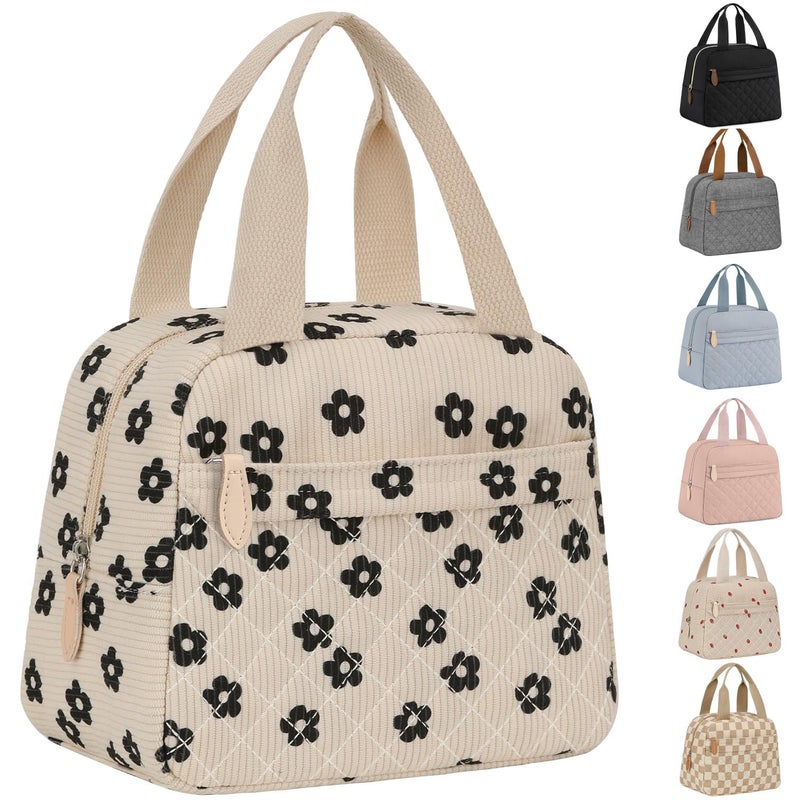 ELONGRIVER Insulated Lunch Bag for Women, Portable Lightweight Lunch Box for Adults, Reusable Small Lunch Tote Cooler Bags with Front Zipper Pocket for Work School Picnic(Corduroy Floral) - Image 1
