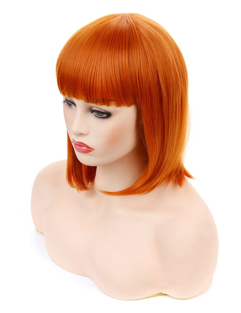 morvally Short Straight Neat Bangs Bob Wigs Natural Looking Synthetic Hair Wig for Cosplay Costume Halloween 12 inches 2735 Orange