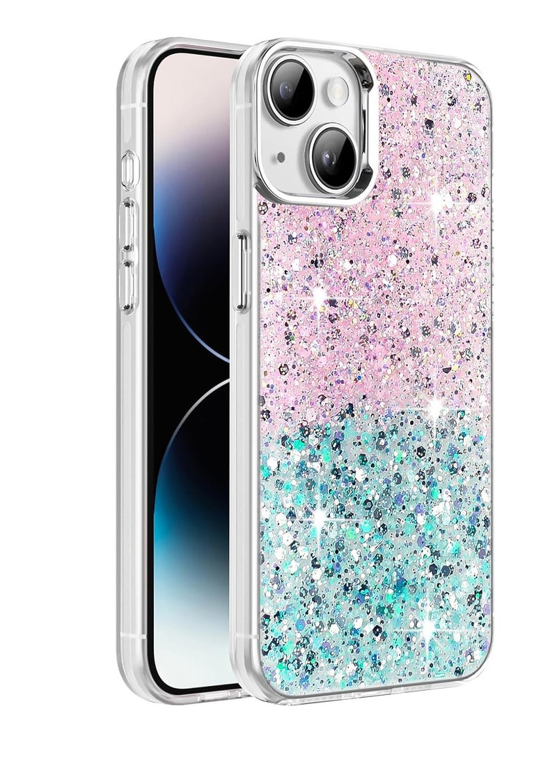 Compatible with iPhone 14 Case/iPhone 13 Case, Clear Glitter Bling Sparkly, Soft TPU Frame Bumper, Hard-Back Cover for Women & Girls, Transparent Protective (Green Purple) - Image 1