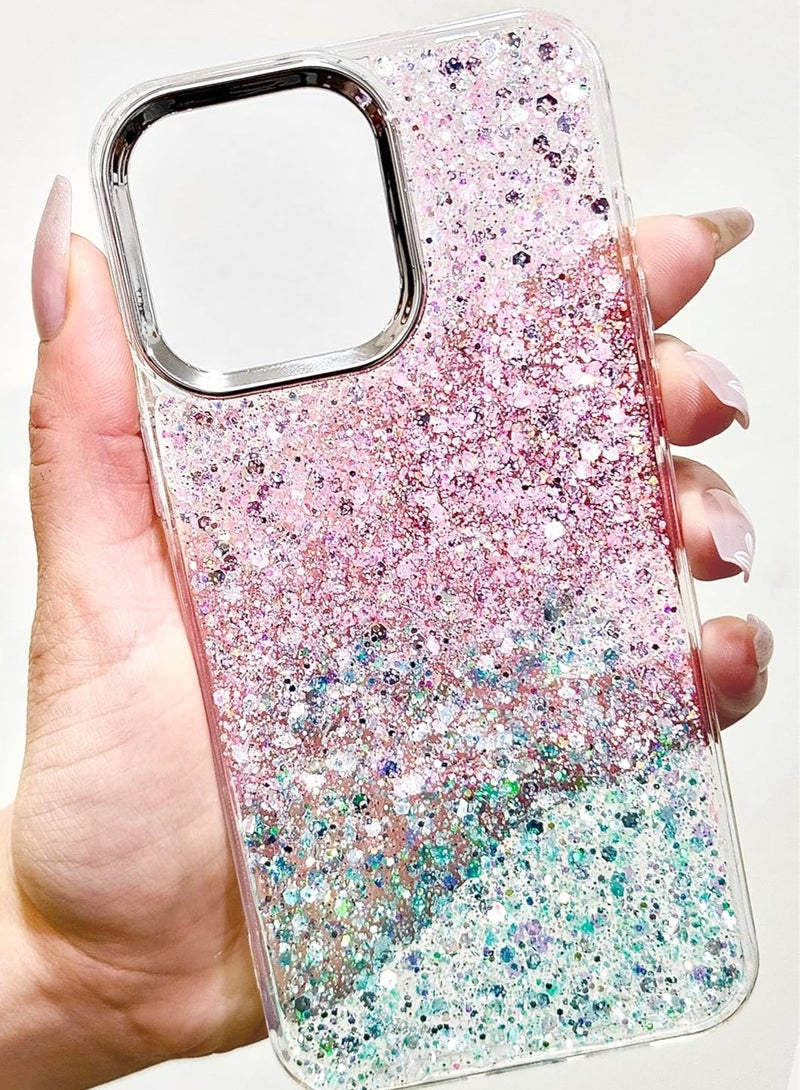 Compatible with iPhone 14 Case/iPhone 13 Case, Clear Glitter Bling Sparkly, Soft TPU Frame Bumper, Hard-Back Cover for Women & Girls, Transparent Protective (Green Purple) - Image 3