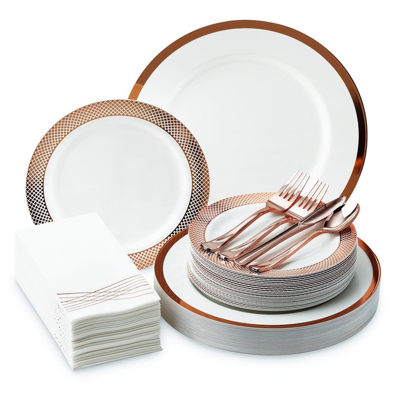 By Madee PREMIUM Elegant Plastic Dinnerware Set  175 Pc Rose Gold Party Plates and Utensils Set with Luxury Napkins  Perfect for Weddings Bridal  Baby Shower 25 Guests