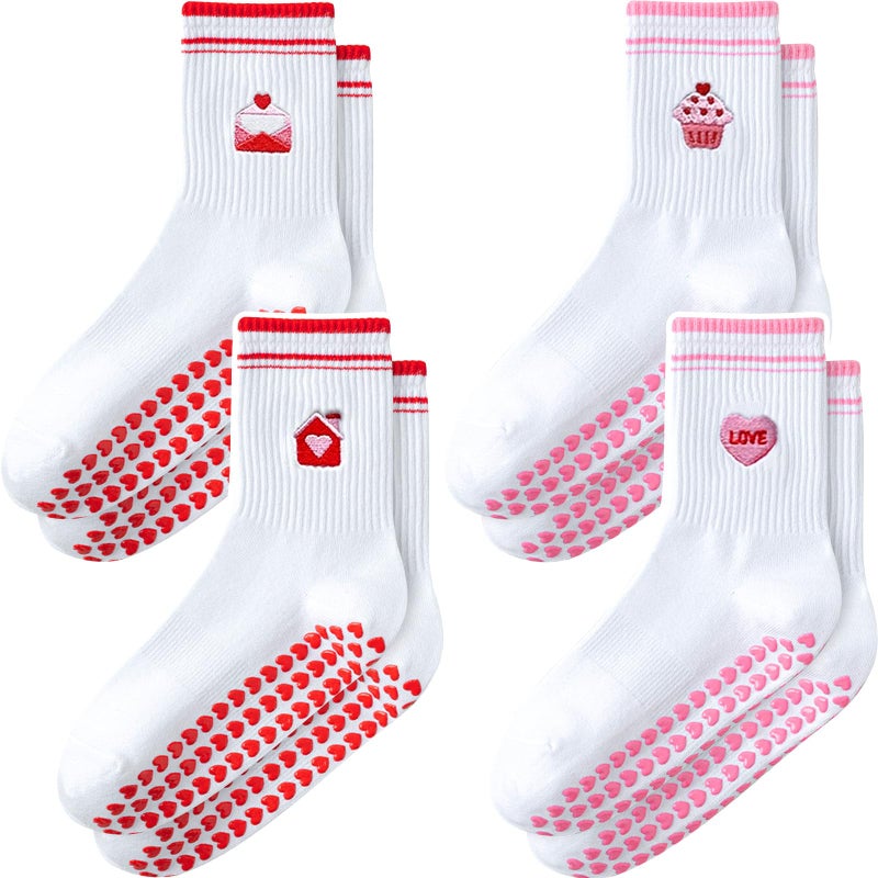 ZFiSt Pilates Socks with Grips for Women,4Pairs Ruffle Yoga Sock Cute Cotton Grippy Socks for Barre Workout Non Slip 5-10in (4Valentine's Heart) - Image 1