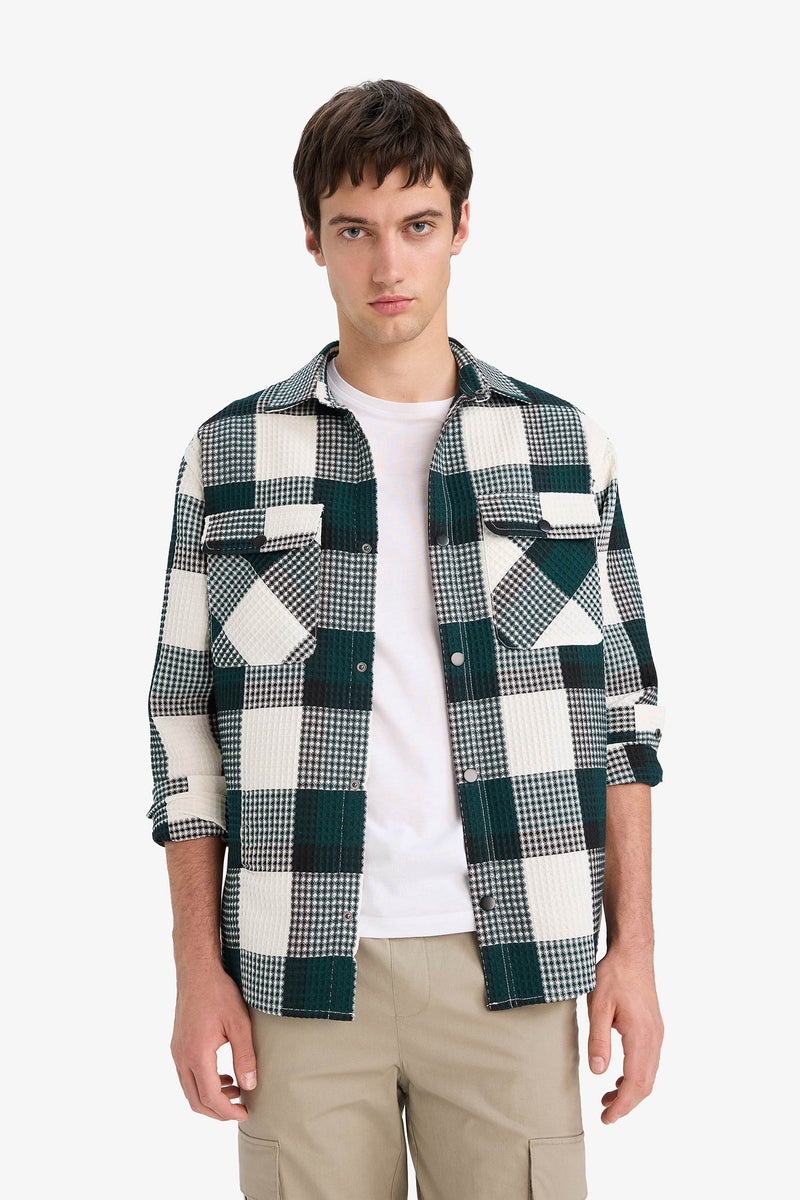 DeFacto Green Man Relax Fit Long Sleeve Waffle Shirt Casual - Image 3