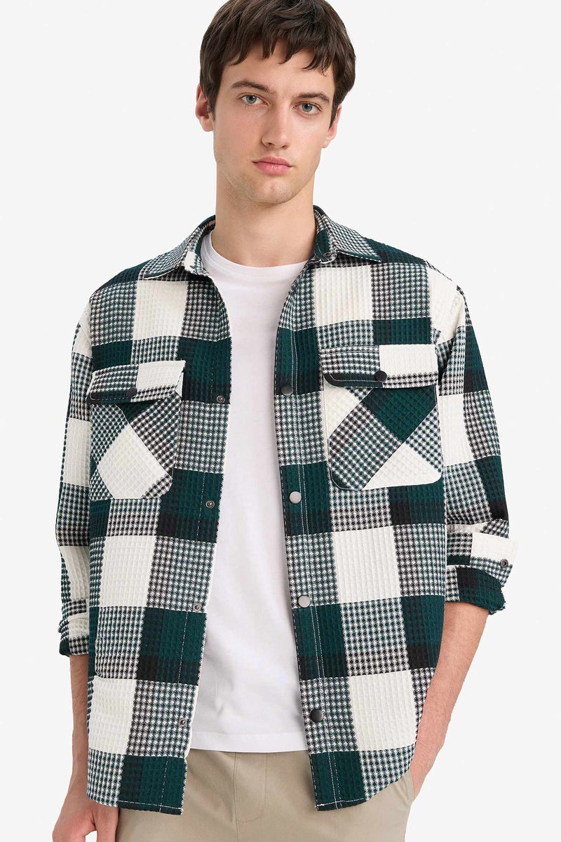 DeFacto Green Man Relax Fit Long Sleeve Waffle Shirt Casual - Image 1