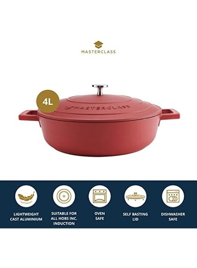 ماستر كلاس طبق خزفي ضحل مع غطاء سعة 4 لتر 28 سم موقد حثي من الألومنيوم المصبوب خفيف الوزن وآمن للاستخدام في الفرن باللون الأحمر - Image 2