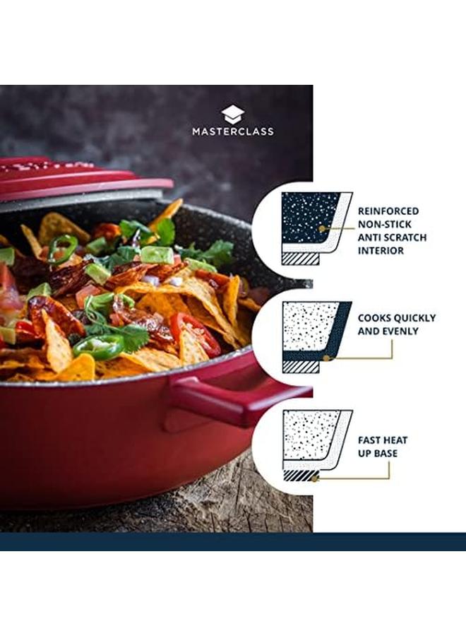 ماستر كلاس طبق خزفي ضحل مع غطاء سعة 4 لتر 28 سم موقد حثي من الألومنيوم المصبوب خفيف الوزن وآمن للاستخدام في الفرن باللون الأحمر - Image 4