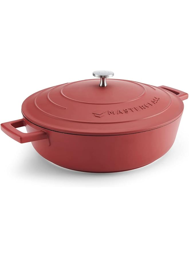 ماستر كلاس طبق خزفي ضحل مع غطاء سعة 4 لتر 28 سم موقد حثي من الألومنيوم المصبوب خفيف الوزن وآمن للاستخدام في الفرن باللون الأحمر - Image 1