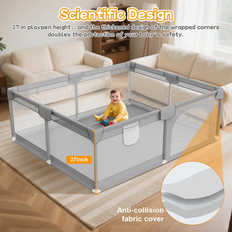Deeteck Baby Playpen 79"x71" - Extra Large Playpen for Babies and Toddlers with 2 Handle - Baby Fence Play Area Safety Center for Indoor & Outdoor, Grey - Image 4