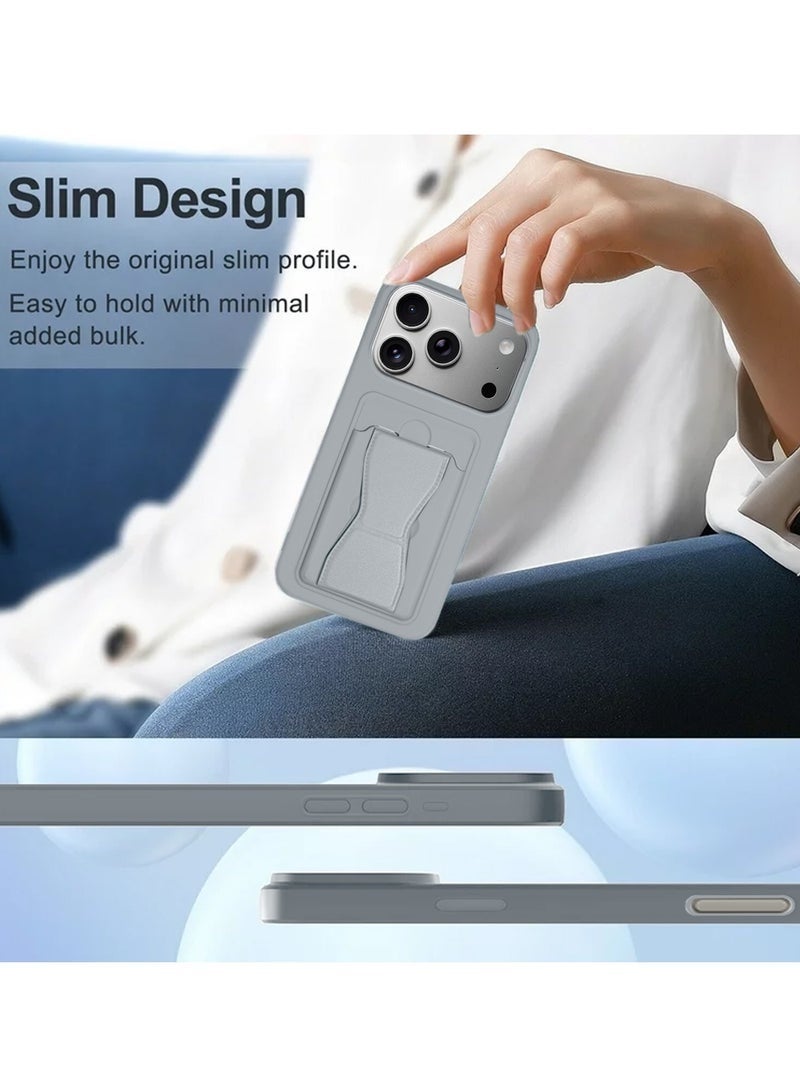 DUSALA iPhone 17 Pro Max 5G 2025 Silicone TPU Card Holder with Hand Grip Case | Slim Shockproof Wallet Cover with Kickstand Grip Strap & Protective Back Pocket (MCHPSN) – Grey - Image 3