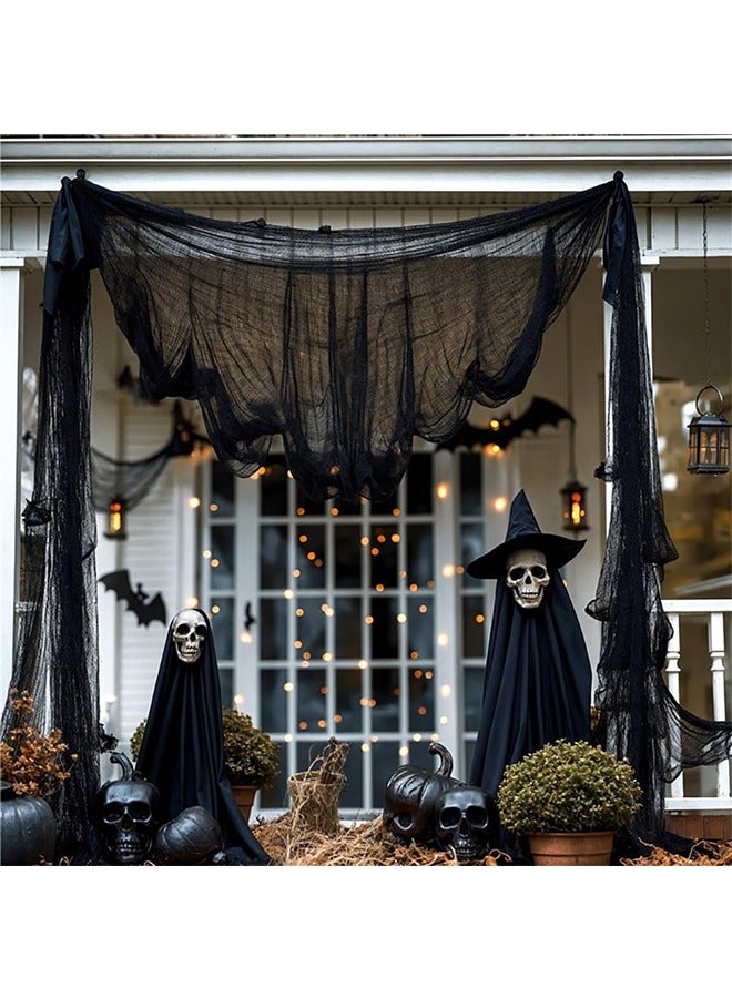 JCB CHIC ديكورات الهالوين من القماش المخيف، 3 قطع من زينة الشاش الأسود للهالوين، مقاس كبير من قماش الشاش الأسود للهالوين المخيف، لديكورات الهالوين المخيفة والمخيفة (أسود، 2.15 * 5 متر) - Image 1