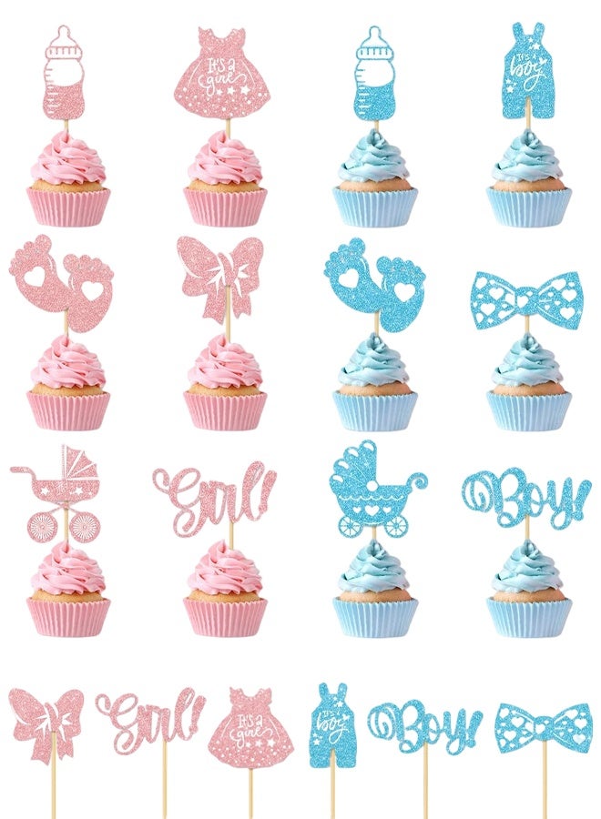 24 PCS Gender Reveal Cupcake Toppers – Pink And Blue Color Scheme Baby Shower Decorations with Glitter Paper Bottles, Bows, Bodysuits, Pants, Dresses & Feet For Boy Or Girl Party - Image 1