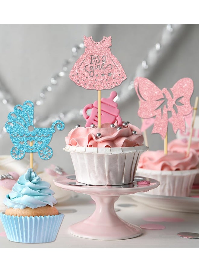 24 PCS Gender Reveal Cupcake Toppers – Pink And Blue Color Scheme Baby Shower Decorations with Glitter Paper Bottles, Bows, Bodysuits, Pants, Dresses & Feet For Boy Or Girl Party - Image 5