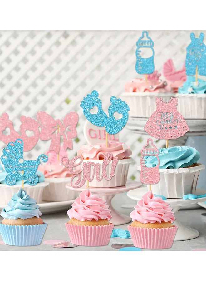 24 PCS Gender Reveal Cupcake Toppers – Pink And Blue Color Scheme Baby Shower Decorations with Glitter Paper Bottles, Bows, Bodysuits, Pants, Dresses & Feet For Boy Or Girl Party - Image 3