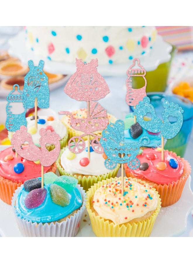 24 PCS Gender Reveal Cupcake Toppers – Pink And Blue Color Scheme Baby Shower Decorations with Glitter Paper Bottles, Bows, Bodysuits, Pants, Dresses & Feet For Boy Or Girl Party - Image 4