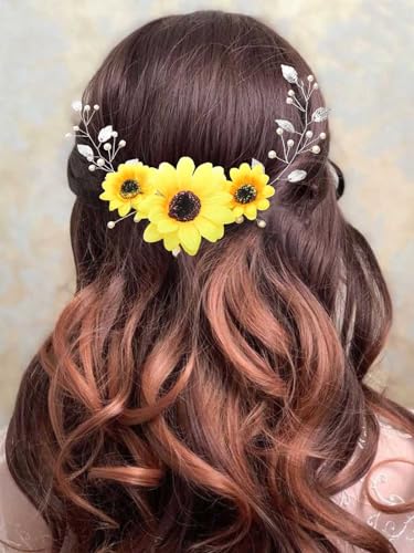 Gorais Sunflower Bride Wedding Hair Vine Silver Pearl Bridal Hair Piece Leaf Headpiece Hair Accessories for Bride and Bridesmaids - Image 2
