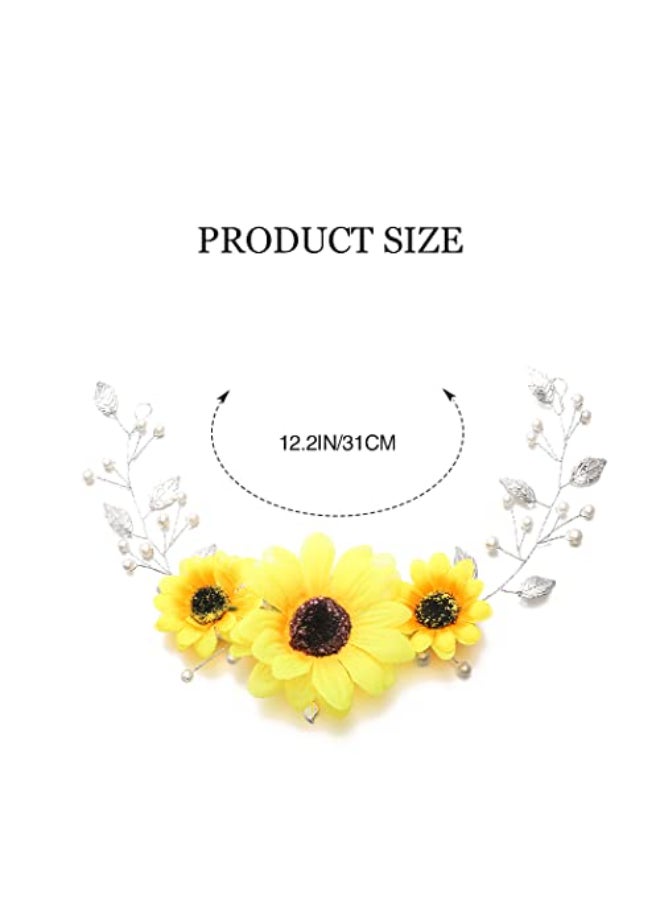 Gorais Sunflower Bride Wedding Hair Vine Silver Pearl Bridal Hair Piece Leaf Headpiece Hair Accessories for Bride and Bridesmaids - Image 4