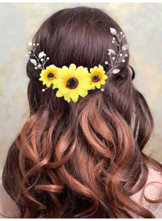 Gorais Sunflower Bride Wedding Hair Vine Silver Pearl Bridal Hair Piece Leaf Headpiece Hair Accessories for Bride and Bridesmaids - Image 1