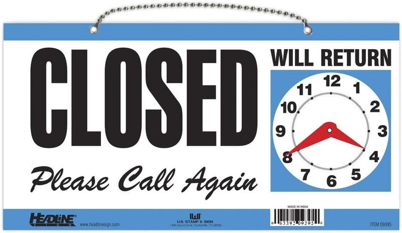 Headline Sign 9395 Double-Sided Open/Closed/Will Return Sign with Clock Hands, 6" x 11.5", Blue - Image 3