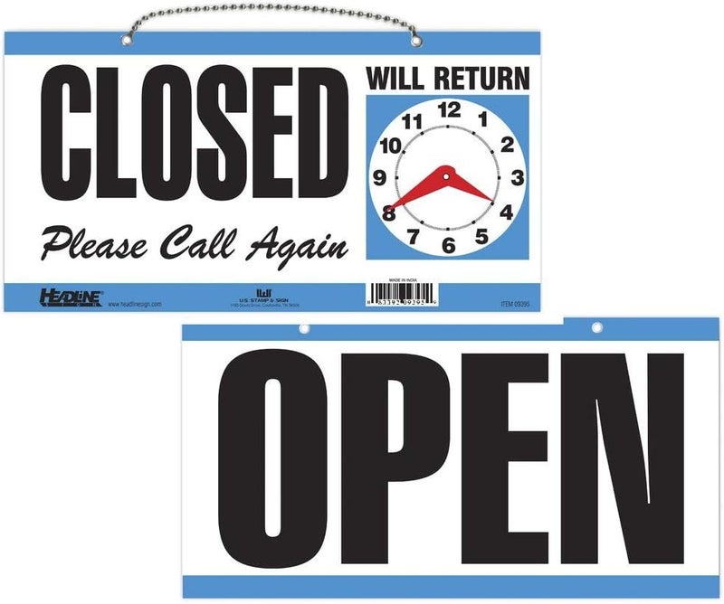 Headline Sign 9395 Double-Sided Open/Closed/Will Return Sign with Clock Hands, 6" x 11.5", Blue - Image 1