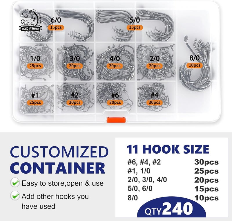 UCEC Circle Hooks Fishing Hooks 2X Strong Offset Circle Hooks Saltwater Black High Carbon Steel Octopus Catfish Fishing Hooks Fishing Gear Tackle 150pcs/ 240pcs - Size:#1 1/0 2/0 3/0 4/0 5/0 6/0 8/0 - Image 4