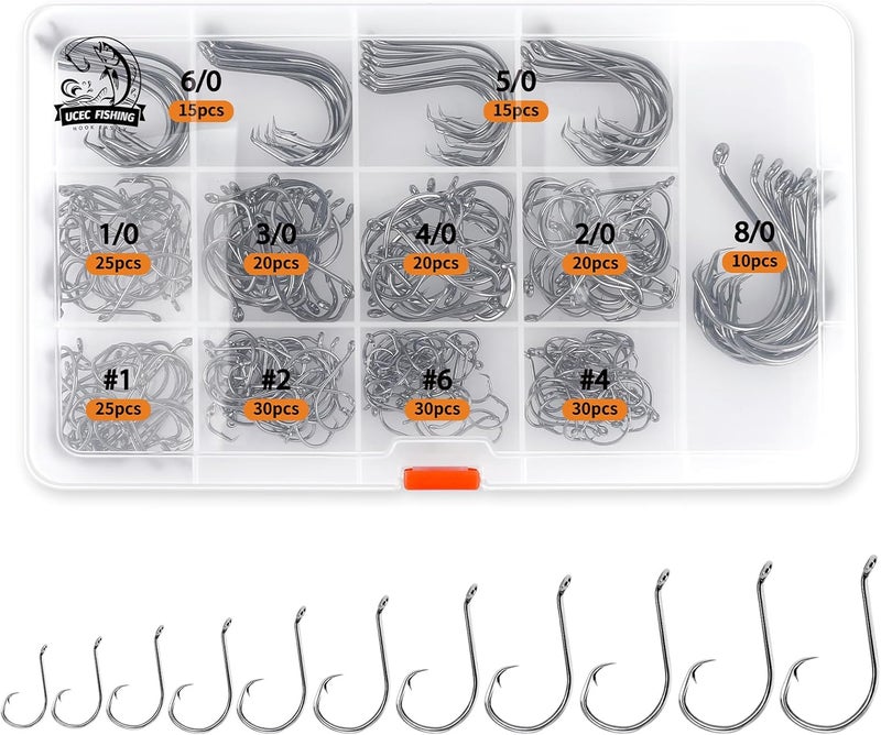 UCEC Circle Hooks Fishing Hooks 2X Strong Offset Circle Hooks Saltwater Black High Carbon Steel Octopus Catfish Fishing Hooks Fishing Gear Tackle 150pcs/ 240pcs - Size:#1 1/0 2/0 3/0 4/0 5/0 6/0 8/0 - Image 1