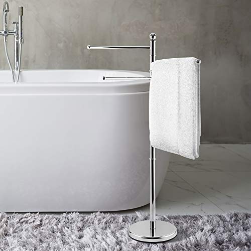 MyGift 40-Inch Silver Metal Freestanding Towel Rack for Bathroom with 3 Swivel Arms - Image 3