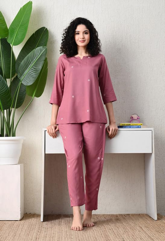 Ichaa Women's Rayon Purple Summer Printed Top and Pyjama Night Suit or Lounge Wear Set - Image 2