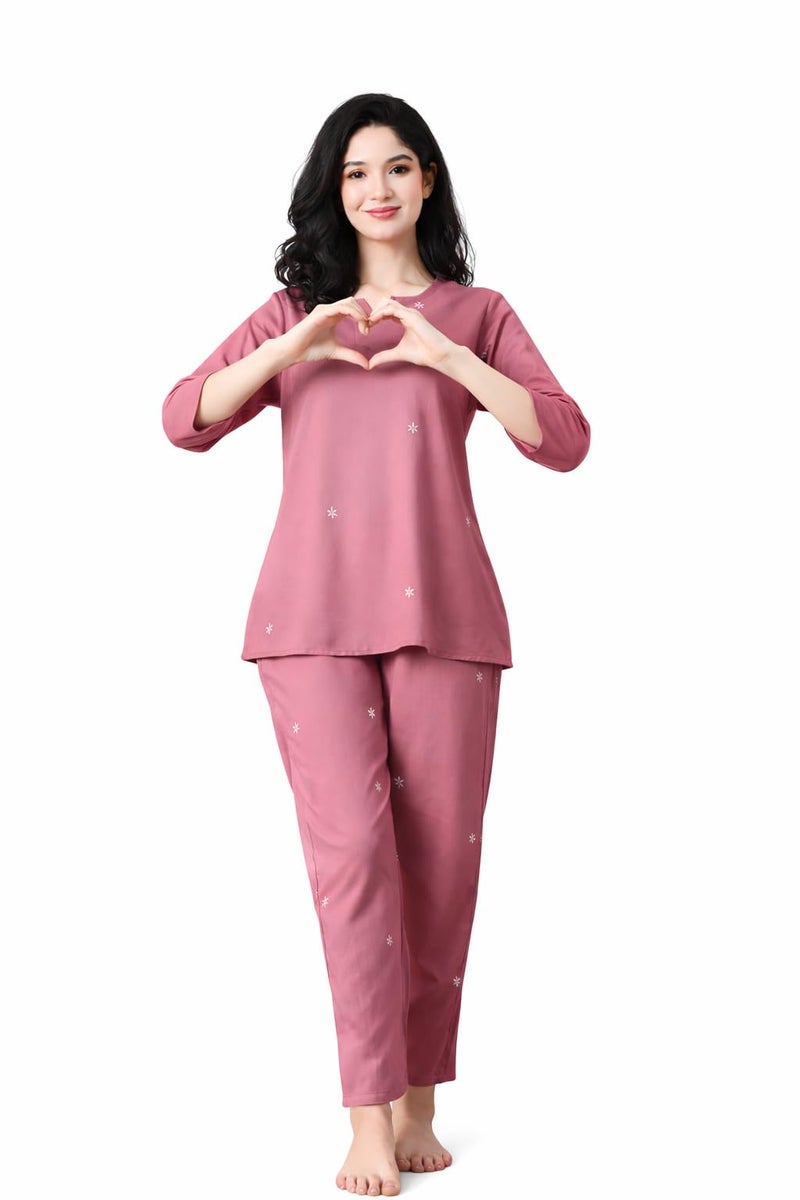 Ichaa Women's Rayon Purple Summer Printed Top and Pyjama Night Suit or Lounge Wear Set - Image 1