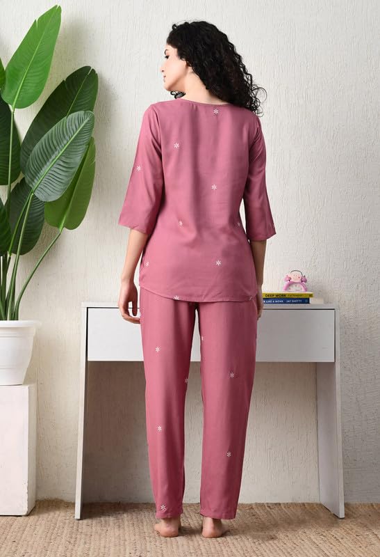 Ichaa Women's Rayon Purple Summer Printed Top and Pyjama Night Suit or Lounge Wear Set - Image 3