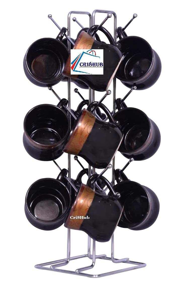Cri8Hub Heavy Stainless Steel Kitchens Large Size Cup Stand Steel V Shape Cup Stand Pieces Coffee Cup Holder with 12 Hooks for Cups (Silver) - Image 1