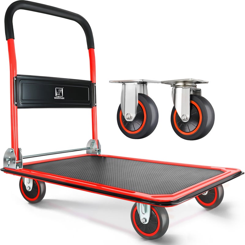 Push Cart Dolly by Wellmax Moving Platform Hand Truck Foldable for Easy Storage and 360 Degree Swivel Wheels with 330lb Weight Capacity Red Color